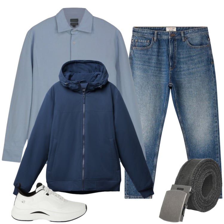 Outfit uomo - Blue Essential. Stile Urban per Tutti i giorni. Abbinamento con sneakers, cinture, jeans, giacche, polo.