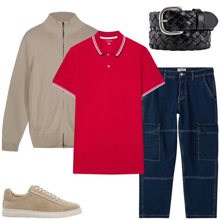 Outfit uomo - Contrasti Decisi e Texture Intrecciate. Stile Trendy per Tutti i giorni. Abbinamento con sneakers, jeans, cinture, cardigans, polo.