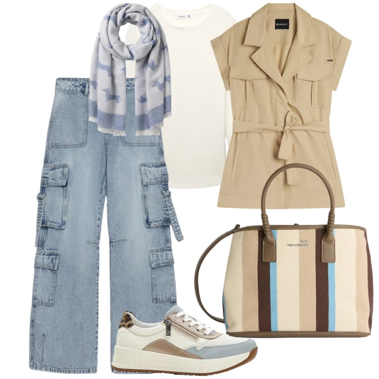 Outfit donna - Aprile. per Tutti i giorni. Abbinamento con sneakers, shopping bag, sciarpe, t-shirt, jeans, trench.