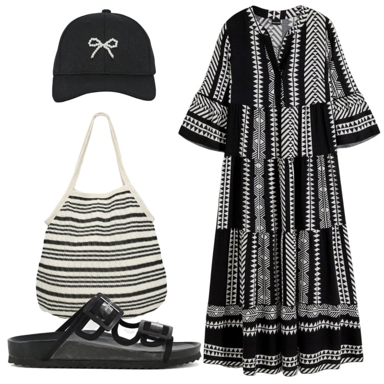 Outfit donna - Total look #2369163. Stile Etnico per Tutti i giorni. Abbinamento con vestiti lunghi, cappelli con visiera, shopping bag, sandali.