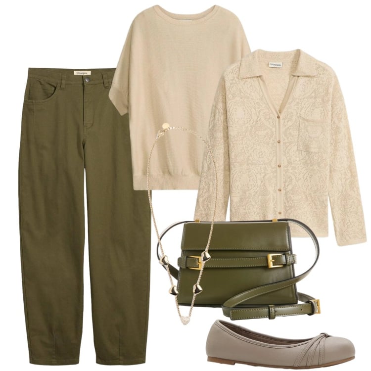 Outfit donna - Total look #2369167. Stile Casual chic per Tutti i giorni. Abbinamento con cardigans, pantaloni, maglieria, borse a tracolla, ballerine, collane.