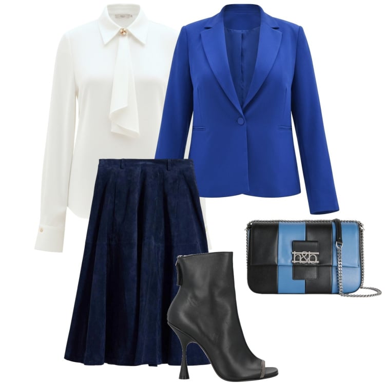 Outfit donna - Invito a cena. per Serata fuori. Abbinamento con stivaletti, gonne, borse a tracolla, camicie, blazer.