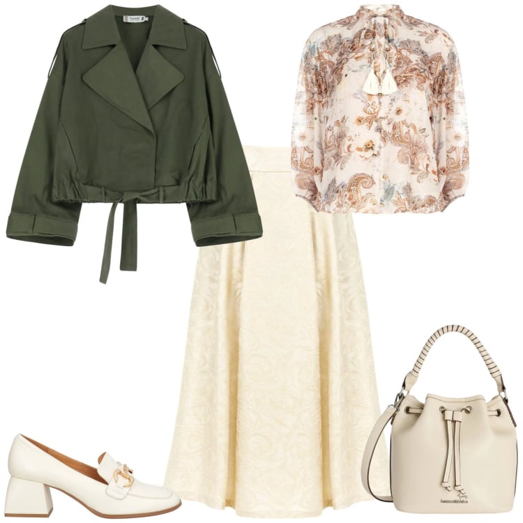 Outfit donna - Casual chic ufficio tempo libero. Stile Casual chic per Tutti i giorni. Abbinamento con mocassini, borse a secchiello, parka, gonne longuette, bluse.