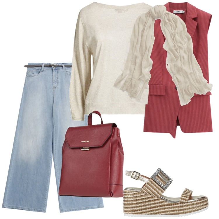Outfit donna - Aprile. per Tutti i giorni. Abbinamento con pullovers, sandali in pelle, zaini, sciarpe, jeans, gilet.