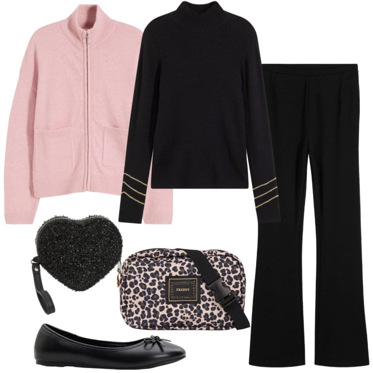 Outfit donna - Total look #2369183. Stile Casual chic per Tutti i giorni. Abbinamento con maglieria, cardigans, pantaloni, ballerine, portafogli, marsupi.