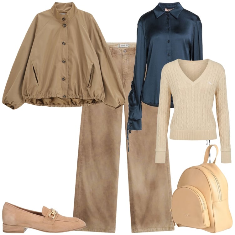 Outfit donna - Trendy ufficio tempo libero. Stile Trendy per Tutti i giorni. Abbinamento con camicie, zaini, mocassini, pullovers, bomber, pantaloni a palazzo.