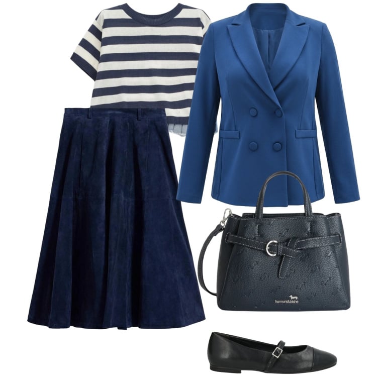 Outfit donna - Primavera. per Ufficio. Abbinamento con ballerine, gonne, borse a mano, t-shirt, blazer.