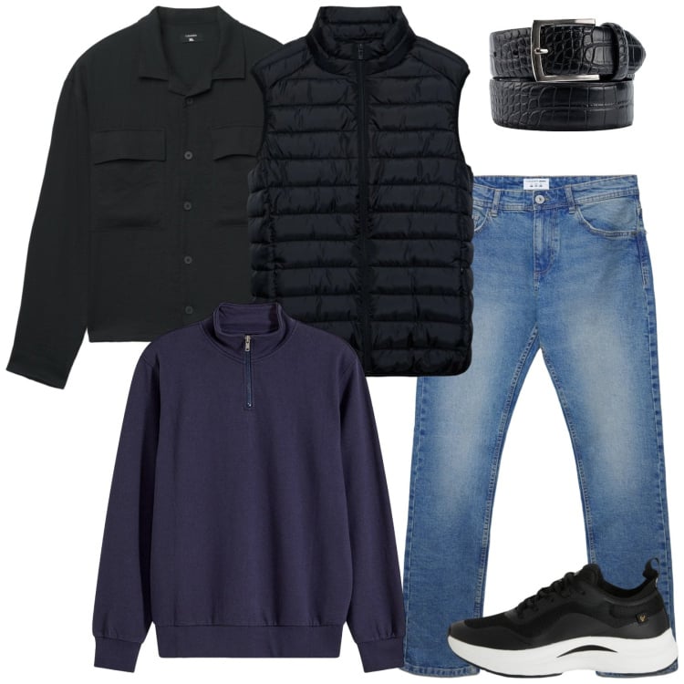Outfit uomo - Total look #2369187. Stile Casual per Tutti i giorni. Abbinamento con felpe, sneakers, jeans dritti, cinture, piumini, cappotti.