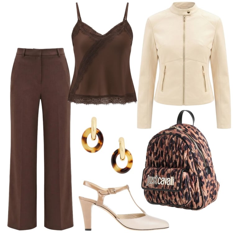 Outfit donna - Bicolore marrone e beige. Stile Casual chic per Tutti i giorni. Abbinamento con zaini, décolleté, giacche, pantaloni, canottiere, orecchini.