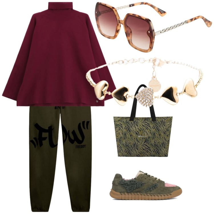 Outfit donna - A spasso in Primavera. Stile Casual chic per Tutti i giorni. Abbinamento con occhiali da sole, maglieria, shopping bag, braccialetti, pantaloni, sneakers.
