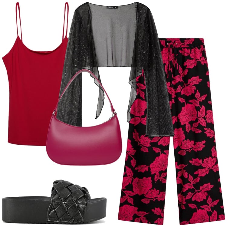 Outfit donna - Rosso e nero. Stile Trendy per Tutti i giorni. Abbinamento con pantaloni a palazzo, canottiere, blazer, borse a tracolla, sandali.