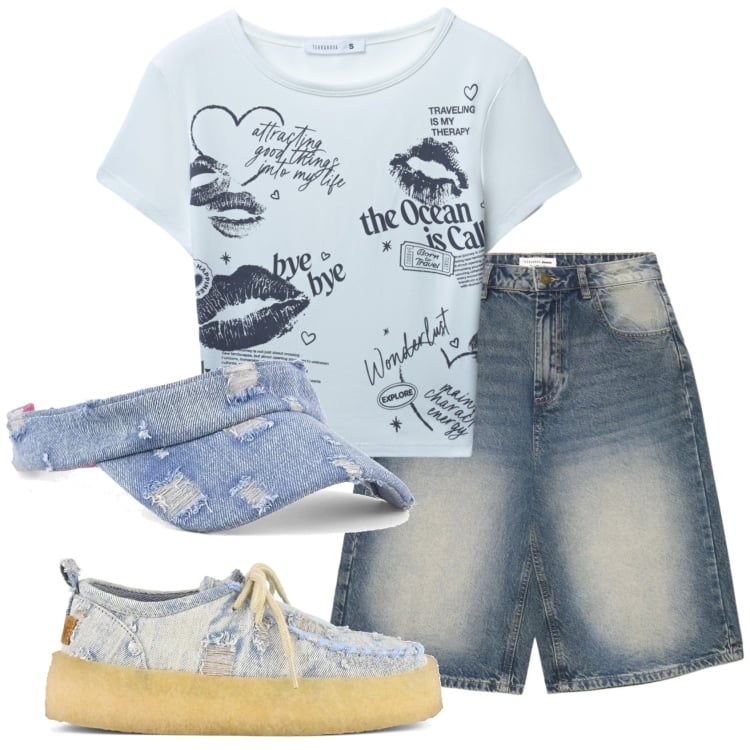 Outfit donna - Total look #2369211. Stile Casual per Tutti i giorni. Abbinamento con t-shirt, pantaloni corti, scarpe stringate, cappelli con visiera.