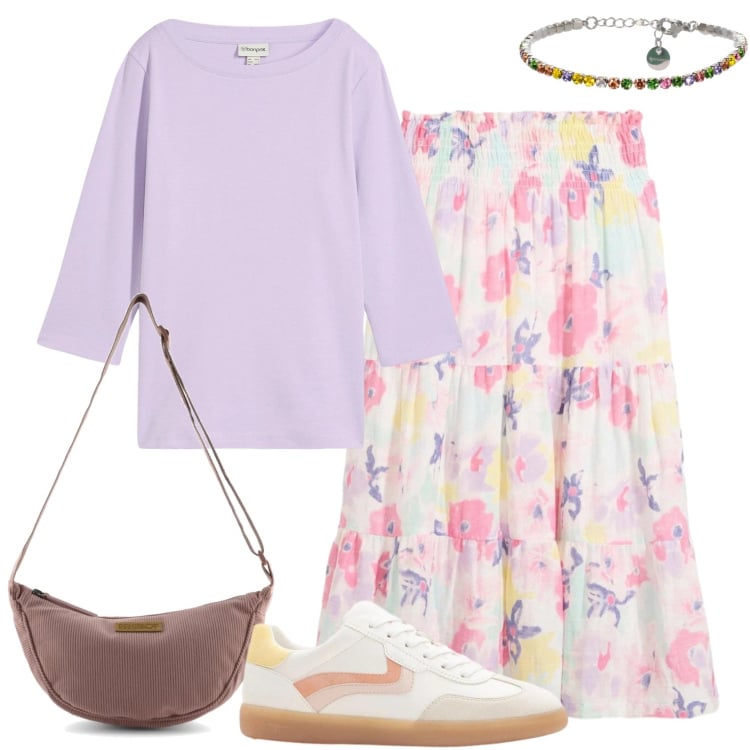 Outfit donna - Movimento e libertà in un outfit. Stile Casual per Tutti i giorni. Abbinamento con maglieria, sneakers, gonne longuette, braccialetti, borse a tracolla.