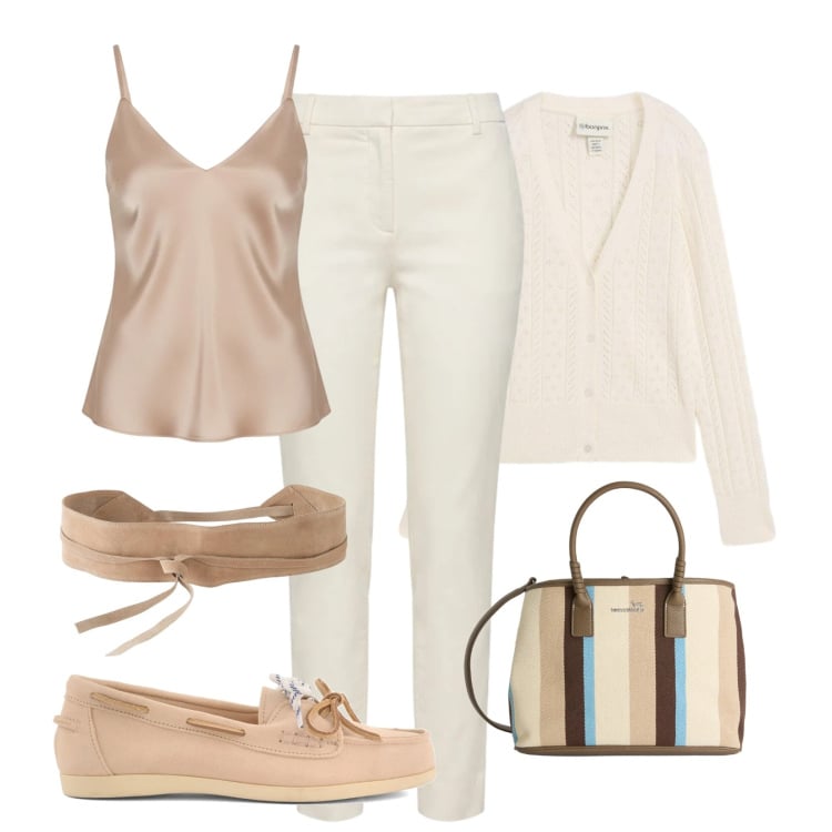 Outfit donna - Weekend primaverile. Stile Minimal per Tutti i giorni. Abbinamento con cinture, cardigans, pantaloni, shopping bag, canottiere, mocassini.