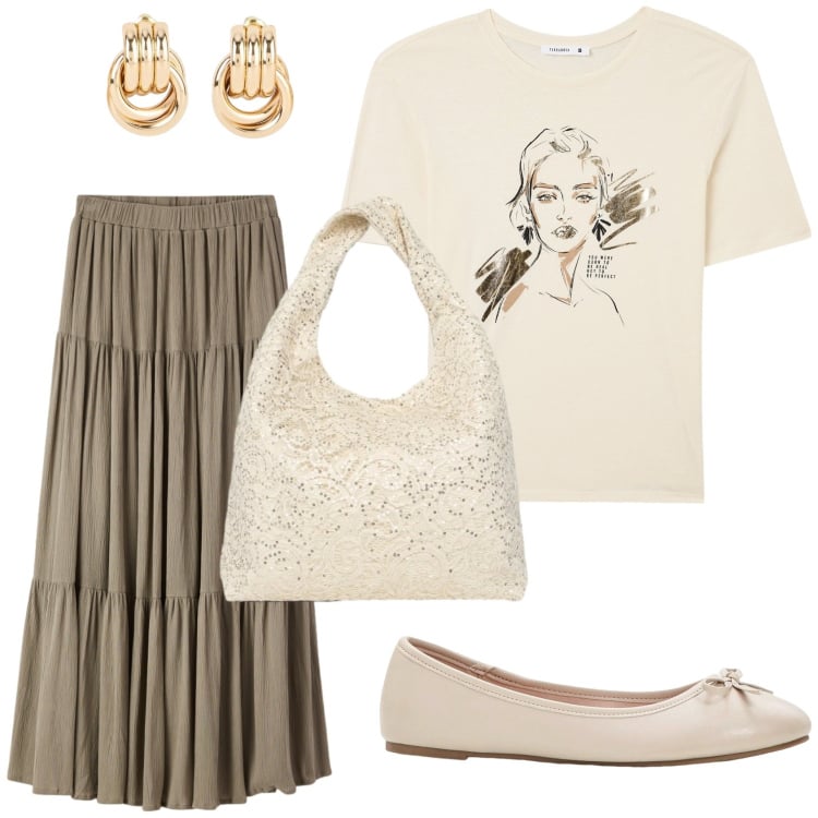 Outfit donna - Un look romantico. Stile Romantica per Tutti i giorni. Abbinamento con ballerine, orecchini, gonne lunghe, borse a spalla, t-shirt.