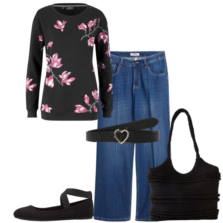 Outfit donna - La felpa a fiori. Stile Romantica per Tutti i giorni. Abbinamento con jeans, felpe, shopping bag, ballerine, cinture.