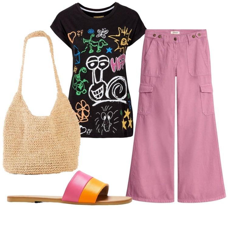 Outfit donna - Total look #2369224. Stile Basic per Tutti i giorni. Abbinamento con t-shirt, ciabatte, shopping bag, pantaloni cargo.