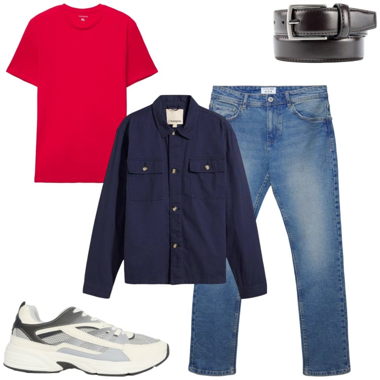 Outfit uomo - Total look #2369227. Stile Casual per Tutti i giorni. Abbinamento con giacche, jeans dritti, cinture, sneakers, t-shirt.