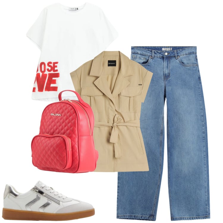 Outfit donna - Marzo. Stile Casual per Tutti i giorni. Abbinamento con zaini, sneakers, t-shirt, jeans, trench.