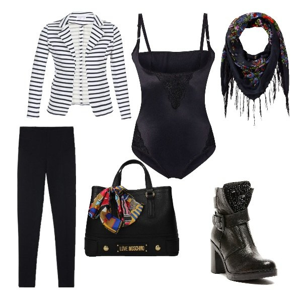 Outfit donna - Urban #1594. Stile Urban Abbinamento con body, foulard, borsa a mano nero, giacca bianco, stivaletti con perline e tacco largo con fibbia tinta unita nero, leggings nero.