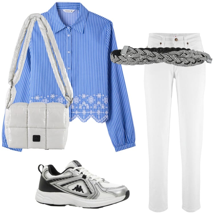 Outfit donna - Casual di primavera. Stile Casual per Tutti i giorni. Abbinamento con jeans mom, sneakers, cinture, camicie, borse a spalla.