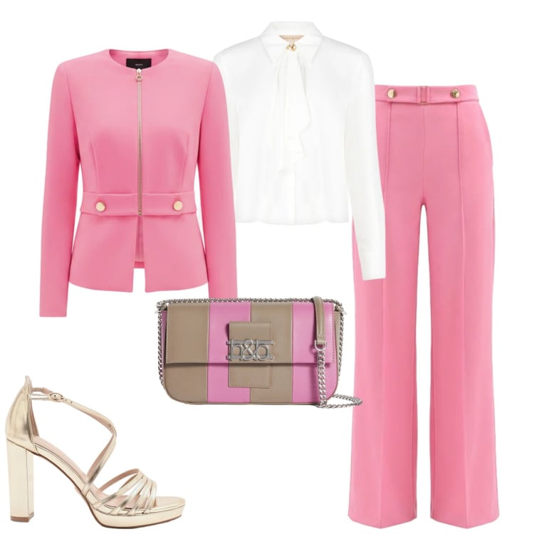 Outfit donna - Rinascimento. Stile Chic per Cerimonia. Abbinamento con borse a spalla, sandali col tacco, camicie, blazer, pantaloni a palazzo.