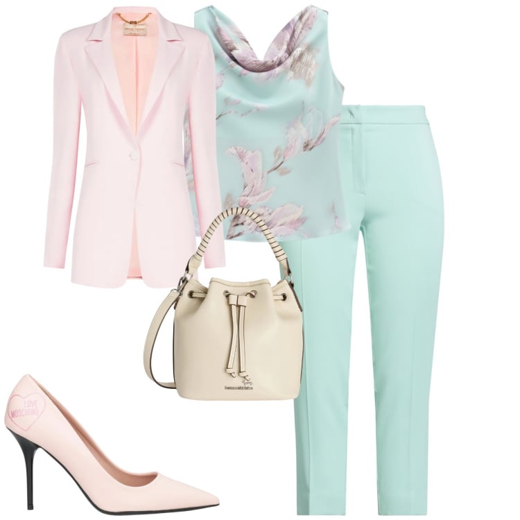 Outfit donna - Rinascimento. Stile Chic per Cerimonia. Abbinamento con décolleté, pantaloni, borse a secchiello, blazer, top.