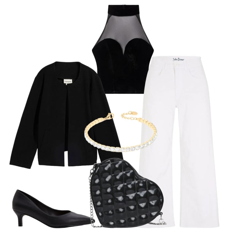 Outfit donna - Total look #2369240. Stile Sexy per Serata fuori. Abbinamento con jeans, décolleté, blazer, top, borse a tracolla, braccialetti.