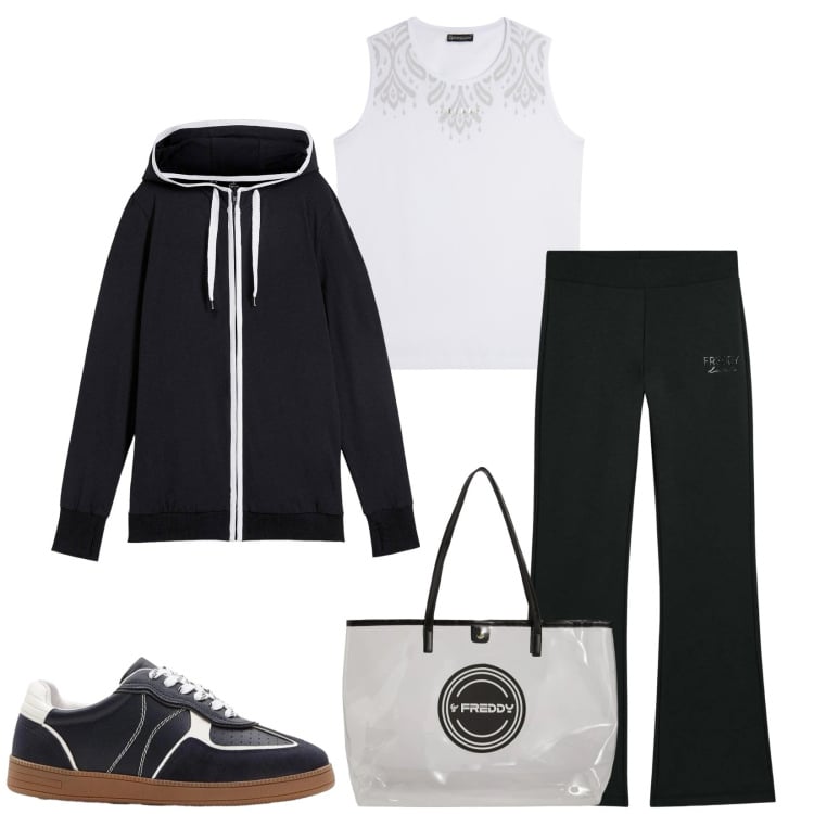 Outfit donna - Tempo libero. Stile Sporty chic per Sport. Abbinamento con felpe, sneakers, pantaloni, shopping bag, top sportivi.