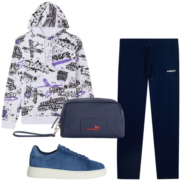 Outfit uomo - Total look #2369242. Stile Urban per Sport. Abbinamento con borse sportive, sneakers, pantaloni, felpe con cappuccio.