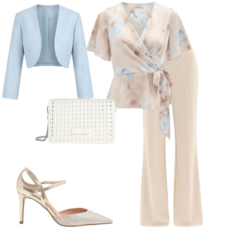 Outfit donna - Chic. Stile Chic per Cerimonia. Abbinamento con borse a tracolla, bluse, pantaloni a palazzo, décolleté, bolero.