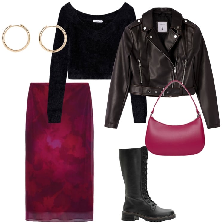 Outfit donna - Serata rock. per Serata fuori. Abbinamento con stivali, orecchini, maglieria, giacche, borse a tracolla, gonne longuette.