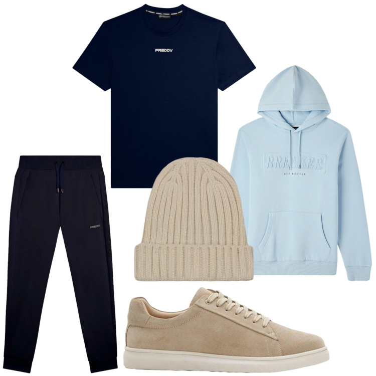 Outfit uomo - Sporty chic. Stile Trendy per Tutti i giorni. Abbinamento con sneakers, felpe con cappuccio, t-shirt, pantaloni, berretti.