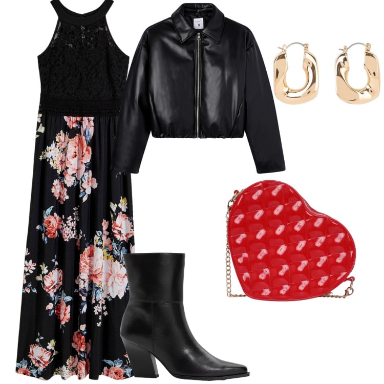 Outfit donna - Borsa a cuore. per Serata fuori. Abbinamento con vestiti lunghi, stivaletti, orecchini, giacche, borse a tracolla.