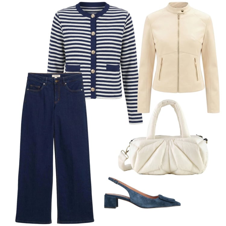 Outfit donna - Stile parigino. per Ufficio. Abbinamento con décolleté, jeans dritti, cardigans, giacche, borse a mano.