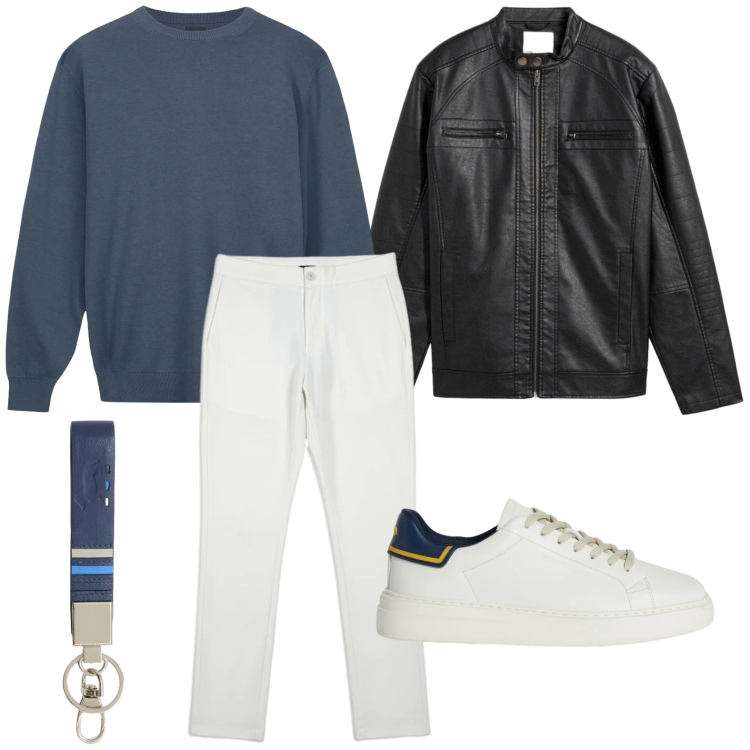 Outfit uomo - Stile smart casual di primavera. Stile Casual per Tutti i giorni. Abbinamento con giacche, portachiavi, sneakers, pantaloni, maglieria.