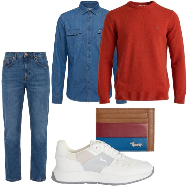 Outfit uomo - Il pull rosso passione. Stile Trendy per Tutti i giorni. Abbinamento con sneakers, portafogli, camicie, jeans, pullovers.