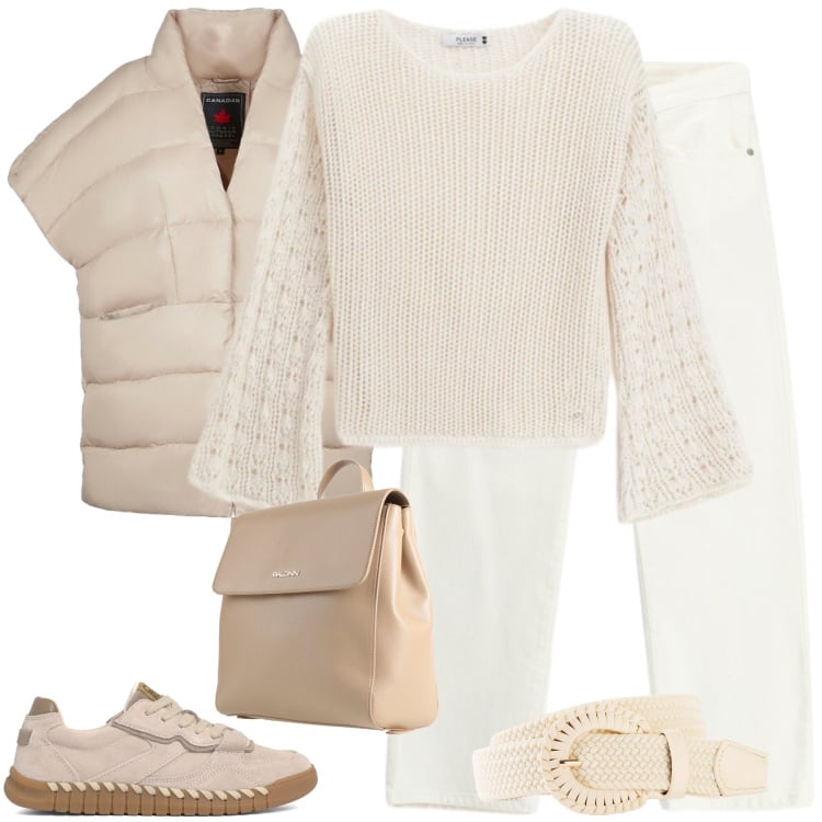 Outfit donna - Soffice Weekend: Comfort Beige & Crema. Stile Urban per Tutti i giorni. Abbinamento con zaini, cinture, maglieria, pantaloni, piumini, sneakers.
