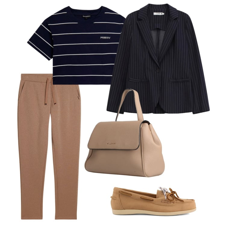 Outfit donna - Comoda in righe. per Tutti i giorni. Abbinamento con zaini, blazer, pantaloni, t-shirt, mocassini.