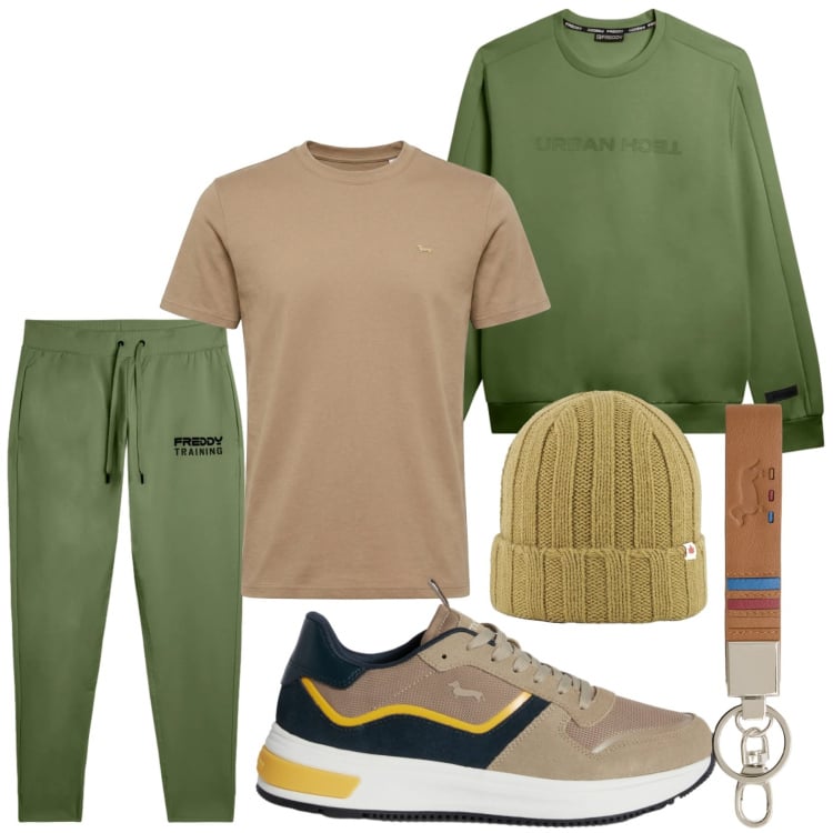 Outfit uomo - Sporty casual. Stile Casual per Tutti i giorni. Abbinamento con portachiavi, sneakers, t-shirt, pantaloni, felpe, berretti.