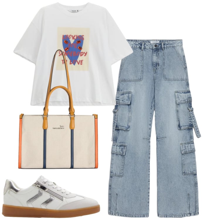 Outfit donna - Total look #2369283. Stile Casual per Tutti i giorni. Abbinamento con sneakers, borse tote, jeans, t-shirt.