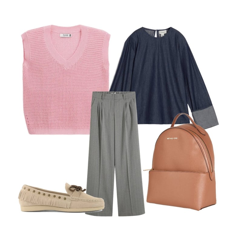 Outfit donna - Ape primavera 2. Stile Casual per Serata fuori. Abbinamento con zaini, bluse, pantaloni a palazzo, top, mocassini.