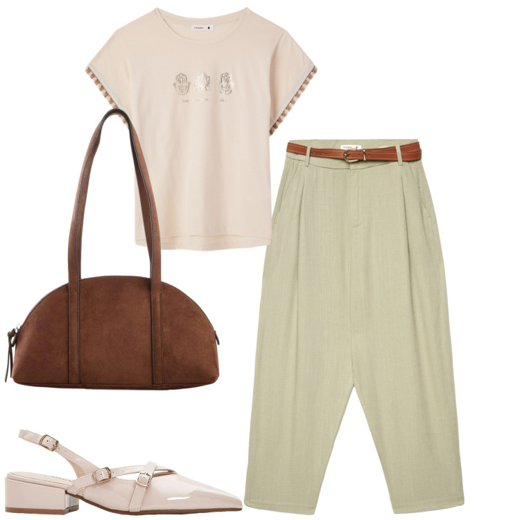 Outfit donna - City. Stile Basic per Tutti i giorni. Abbinamento con décolleté, borse a tracolla, pantaloni chino, t-shirt.