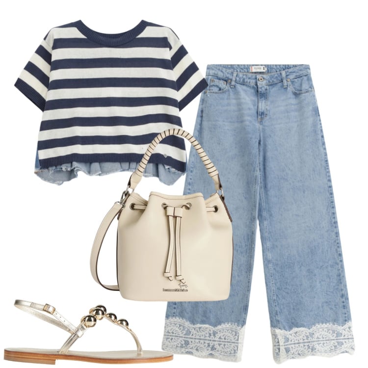 Outfit donna - Spring. Stile Casual per Tutti i giorni. Abbinamento con infradito, borse a secchiello, t-shirt, jeans.