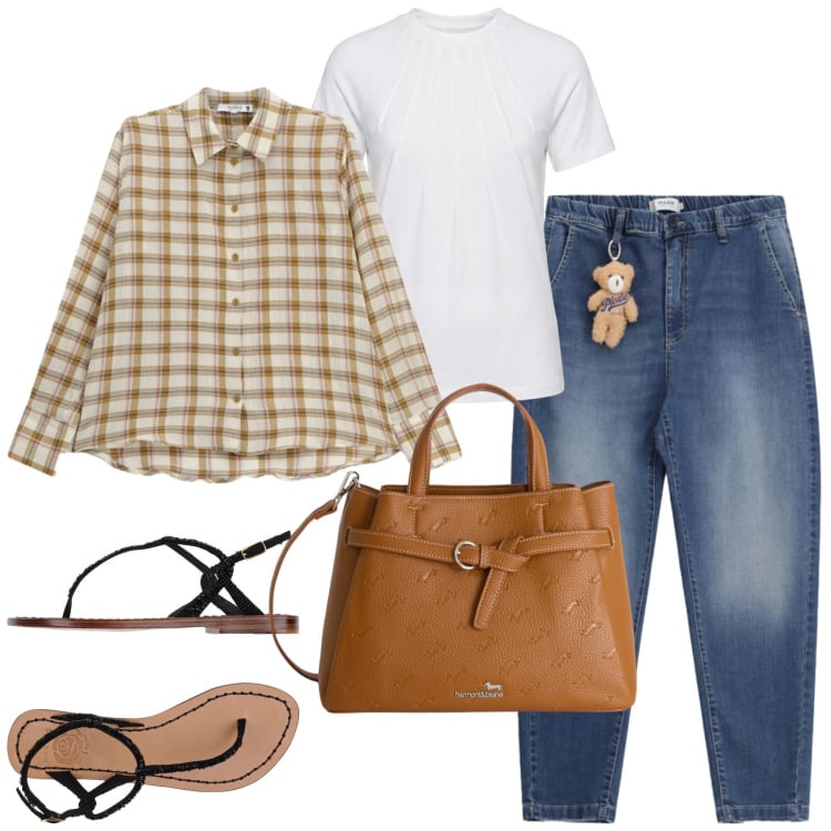 Outfit donna - City. Stile Casual chic per Tutti i giorni. Abbinamento con infradito, borse a mano, t-shirt, jeans, camicie.