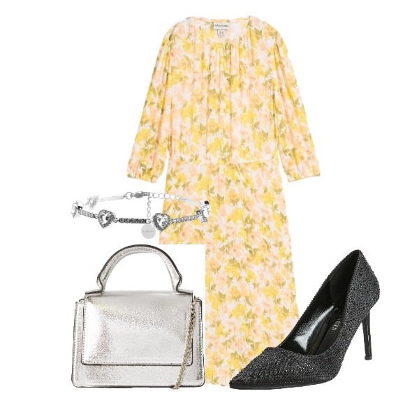 Outfit donna - Cerimonia crema e argento. Stile Romantica per Cerimonia. Abbinamento con vestiti, borse a tracolla, décolleté, braccialetti.