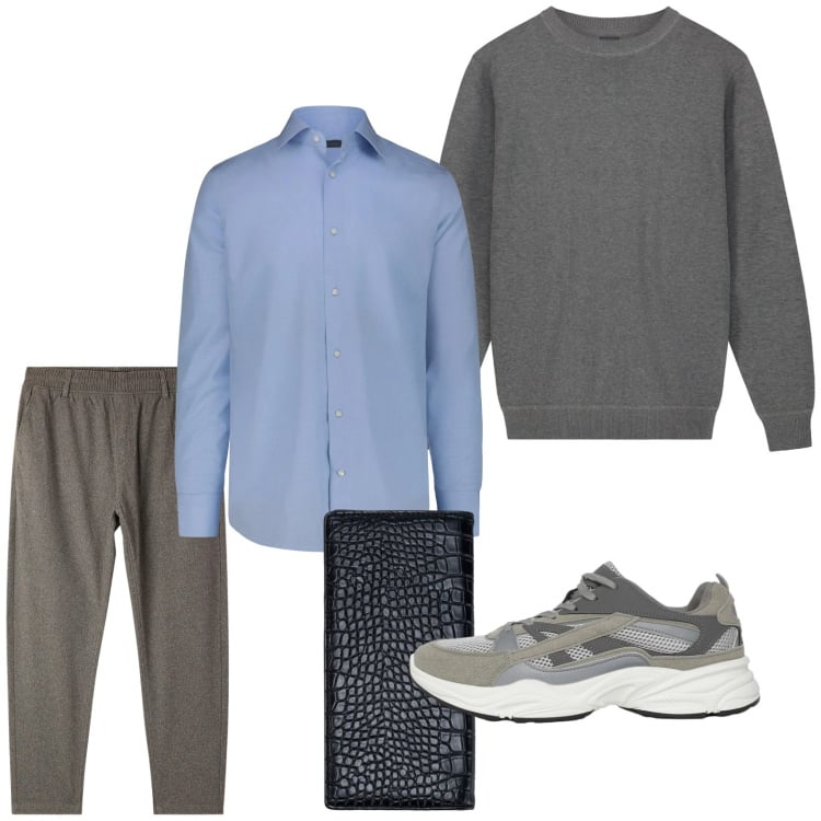 Outfit uomo - Il portafoglio blu navy. Stile Trendy per Tutti i giorni. Abbinamento con sneakers, maglieria, camicie, pantaloni, portafogli.