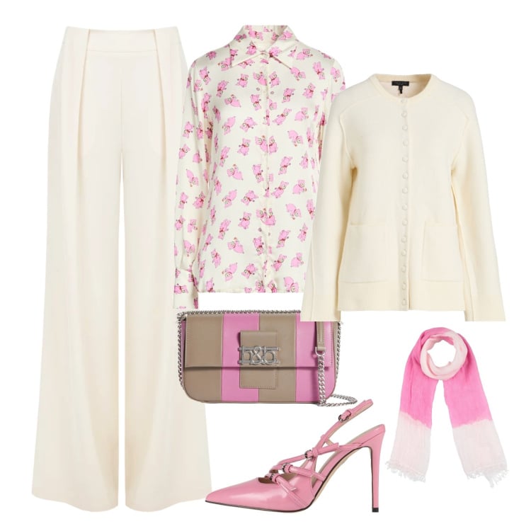 Outfit donna - Accessori rosa. Stile Chic per Cerimonia. Abbinamento con décolleté, cardigans, sciarpe, camicie, borse a spalla, pantaloni a palazzo.