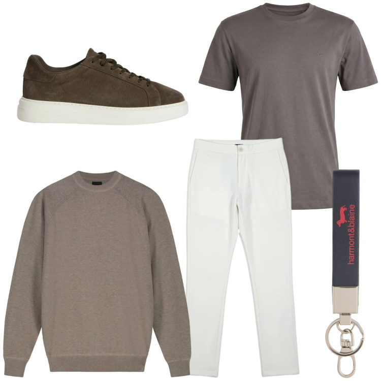 Outfit uomo - Trendy. Stile Casual per Tutti i giorni. Abbinamento con portachiavi, sneakers, t-shirt, pantaloni, maglieria.