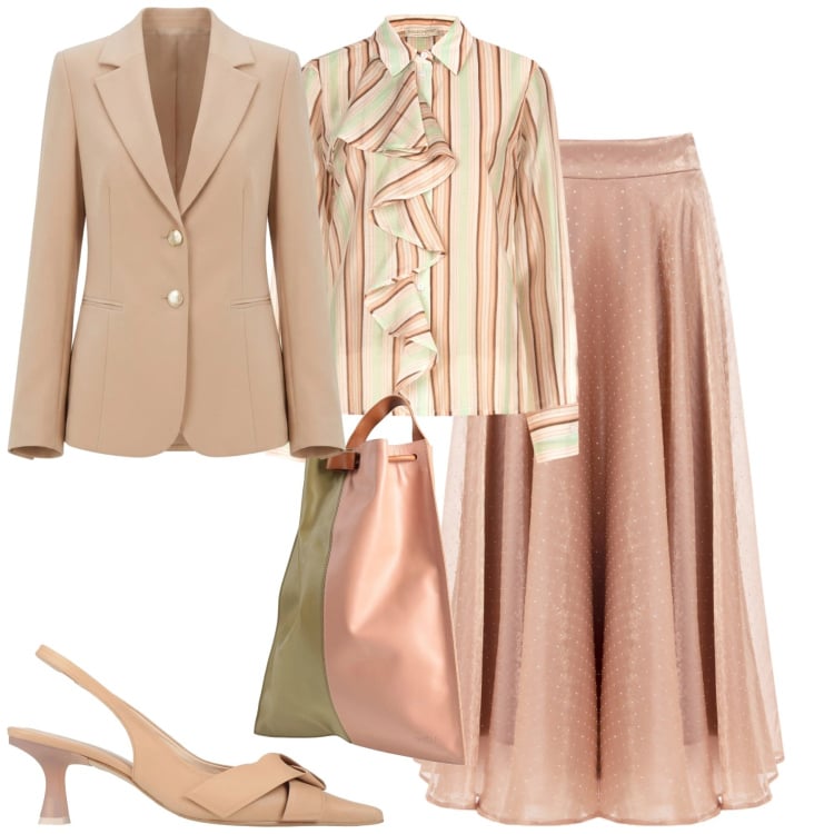 Outfit donna - Chic. Stile Chic per Cerimonia. Abbinamento con zaini, décolleté, gonne longuette, camicie, blazer.